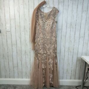 Alex Evenings Women's Sequin Lace Mermaid Gown Dress Champagne Nude Size 14